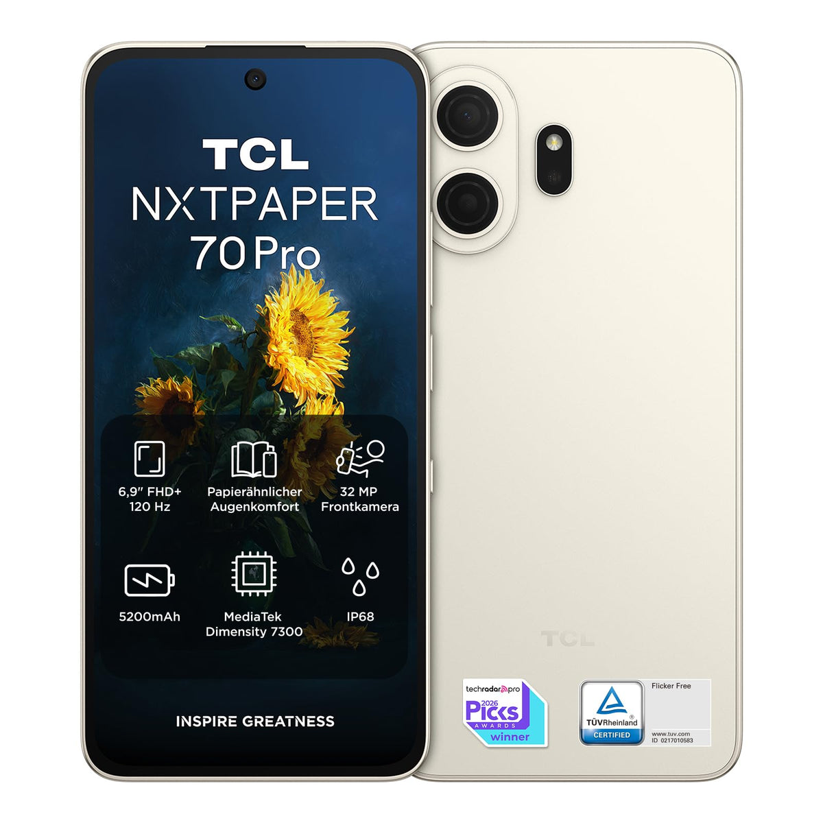 TCL NXTPAPER 70 Pro 5G Android Smartphone mit 6,9 Zoll Natürlichem Licht Display,NXTPAPER 4.0,120Hz FHD+,50MP 1.0um OIS Kamera, MuseFilm, 8GB RAM+256GB ROM, Bequemes Lesen, AI-Produktivität