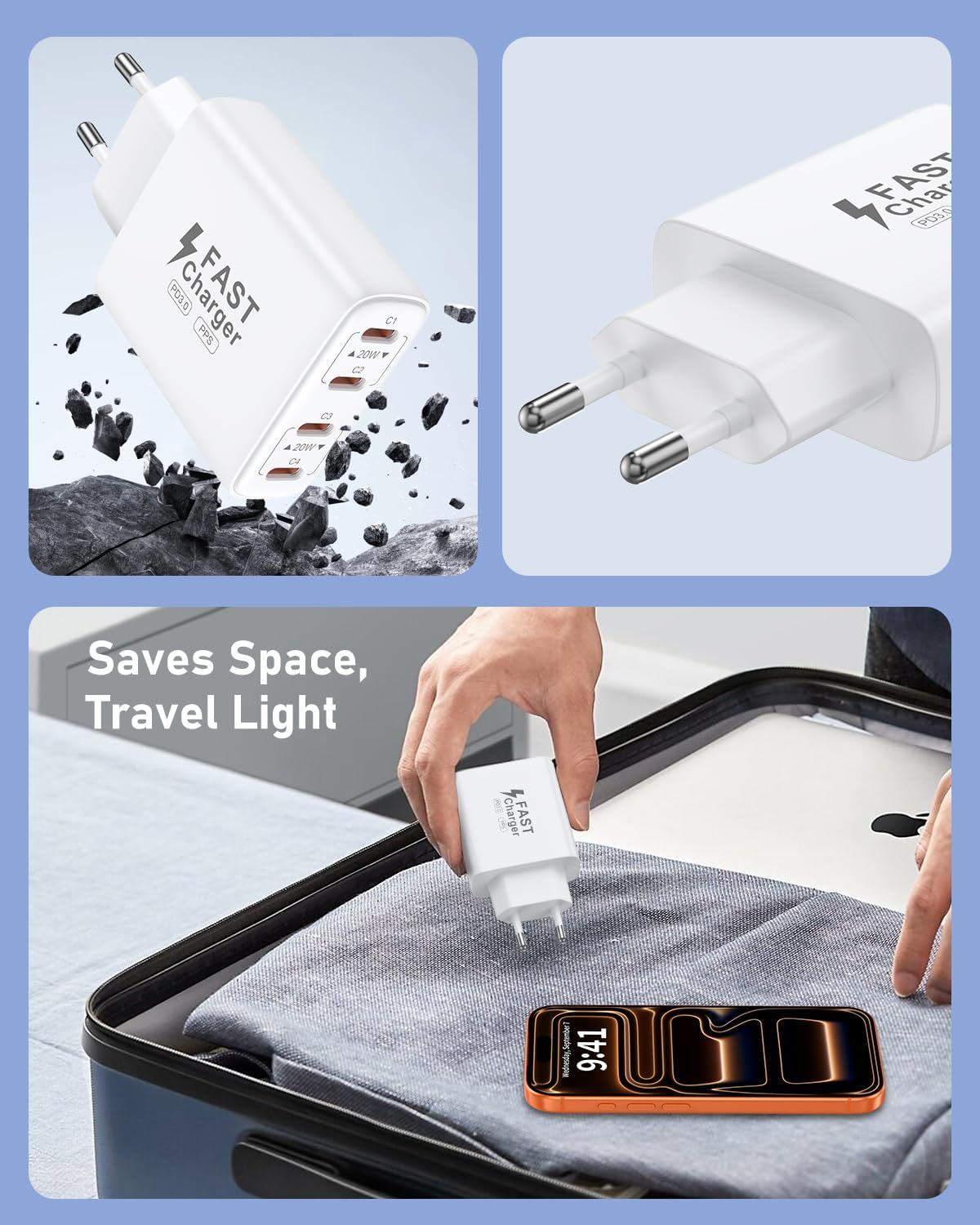 2er Pack 40W Ladegerät USB C Mehrfach, 4 Port USBC Stecker Netzteil Ladeadapter, Adapter Kompatibel mit iPhone 16 15 14 13 12 11 Pro Max SE XS XR X 8 7 Plus, iPad, Samsung Schnellladegerät Steckdose