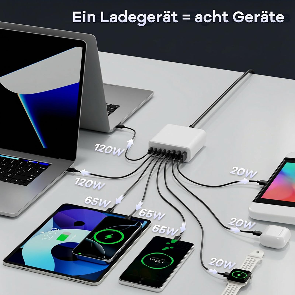 400W USB C Ladegerät Mehrfach, GaN IV 8 Ports USB Ladegerät Mehrfach, 400W 8-Port Schnellladegerät Kompatibel mit MacBook Pro/Air, iPad Pro/Air, iPhone, Android etc (Schwarz, 8 Ports)
