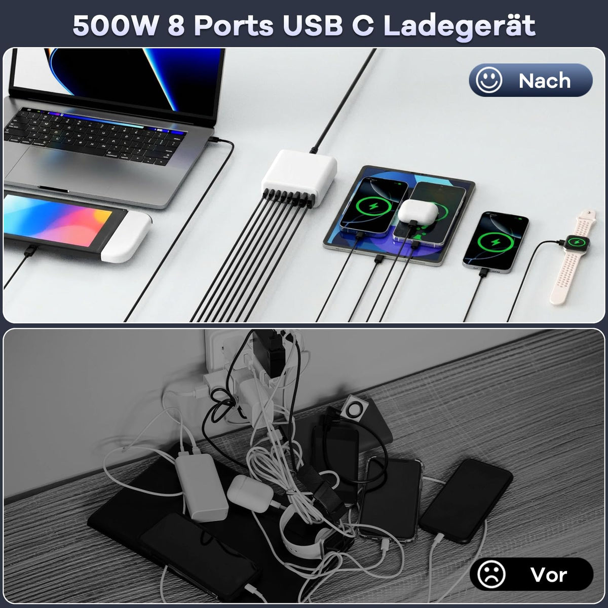 400W USB C Ladegerät Mehrfach, GaN IV 8 Ports USB Ladegerät Mehrfach, 400W 8-Port Schnellladegerät Kompatibel mit MacBook Pro/Air, iPad Pro/Air, iPhone, Android etc (Schwarz, 8 Ports)