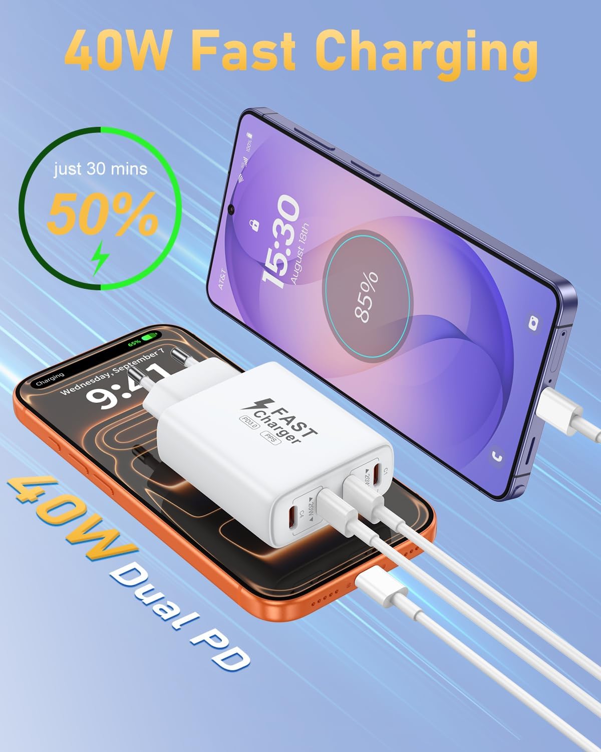 2er Pack 40W Ladegerät USB C Mehrfach, 4 Port USBC Stecker Netzteil Ladeadapter, Adapter Kompatibel mit iPhone 16 15 14 13 12 11 Pro Max SE XS XR X 8 7 Plus, iPad, Samsung Schnellladegerät Steckdose