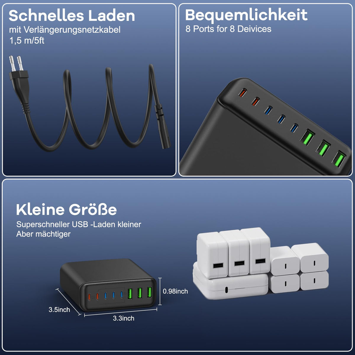 400W USB C Ladegerät Mehrfach, GaN IV 8 Ports USB Ladegerät Mehrfach, 400W 8-Port Schnellladegerät Kompatibel mit MacBook Pro/Air, iPad Pro/Air, iPhone, Android etc (Schwarz, 8 Ports)