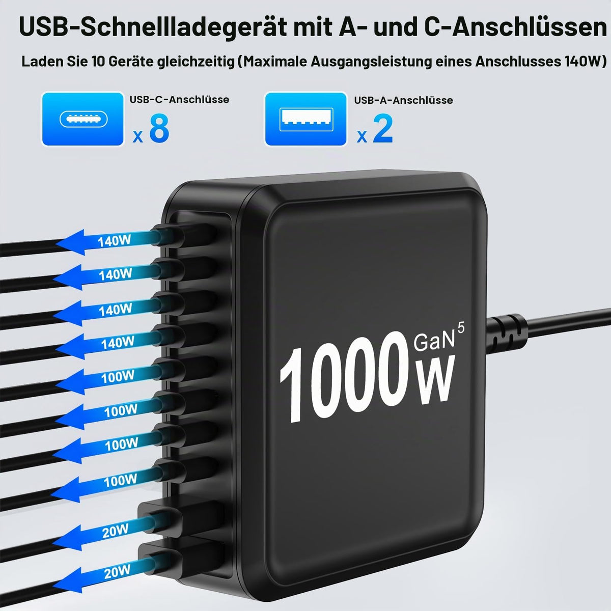 400W USB C Ladegerät Mehrfach, GaN IV 8 Ports USB Ladegerät Mehrfach, 400W 8-Port Schnellladegerät Kompatibel mit MacBook Pro/Air, iPad Pro/Air, iPhone, Android etc (Schwarz, 8 Ports)