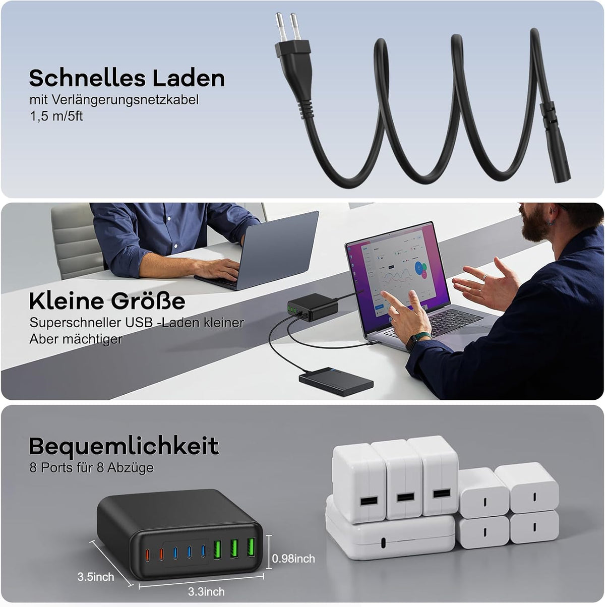400W USB C Ladegerät Mehrfach, GaN IV 8 Ports USB Ladegerät Mehrfach, 400W 8-Port Schnellladegerät Kompatibel mit MacBook Pro/Air, iPad Pro/Air, iPhone, Android etc (Schwarz, 8 Ports)