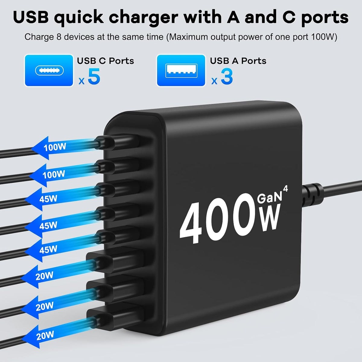 400W USB C Ladegerät Mehrfach, GaN IV 8 Ports USB Ladegerät Mehrfach, 400W 8-Port Schnellladegerät Kompatibel mit MacBook Pro/Air, iPad Pro/Air, iPhone, Android etc (Schwarz, 8 Ports)