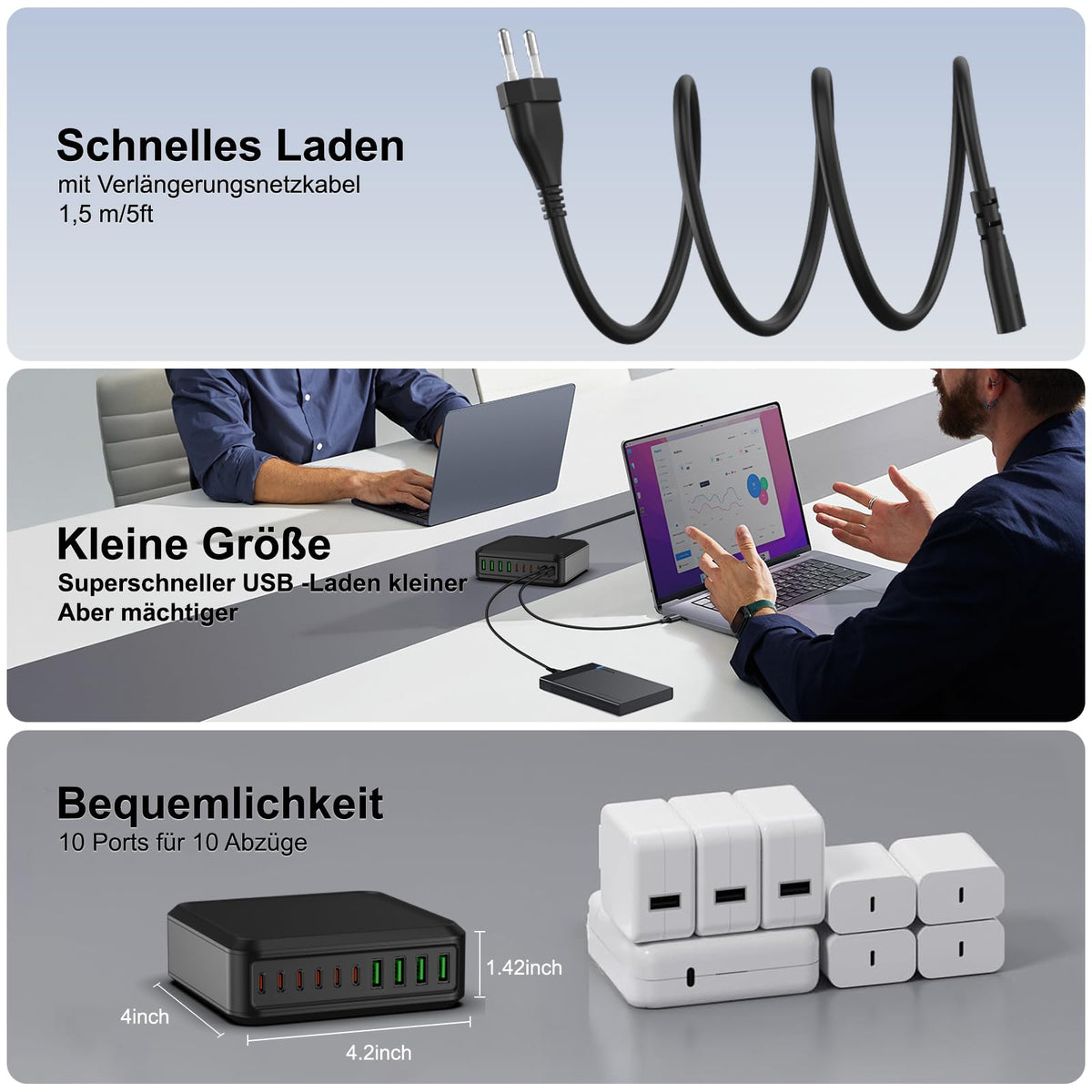 400W USB C Ladegerät Mehrfach, GaN IV 8 Ports USB Ladegerät Mehrfach, 400W 8-Port Schnellladegerät Kompatibel mit MacBook Pro/Air, iPad Pro/Air, iPhone, Android etc (Schwarz, 8 Ports)