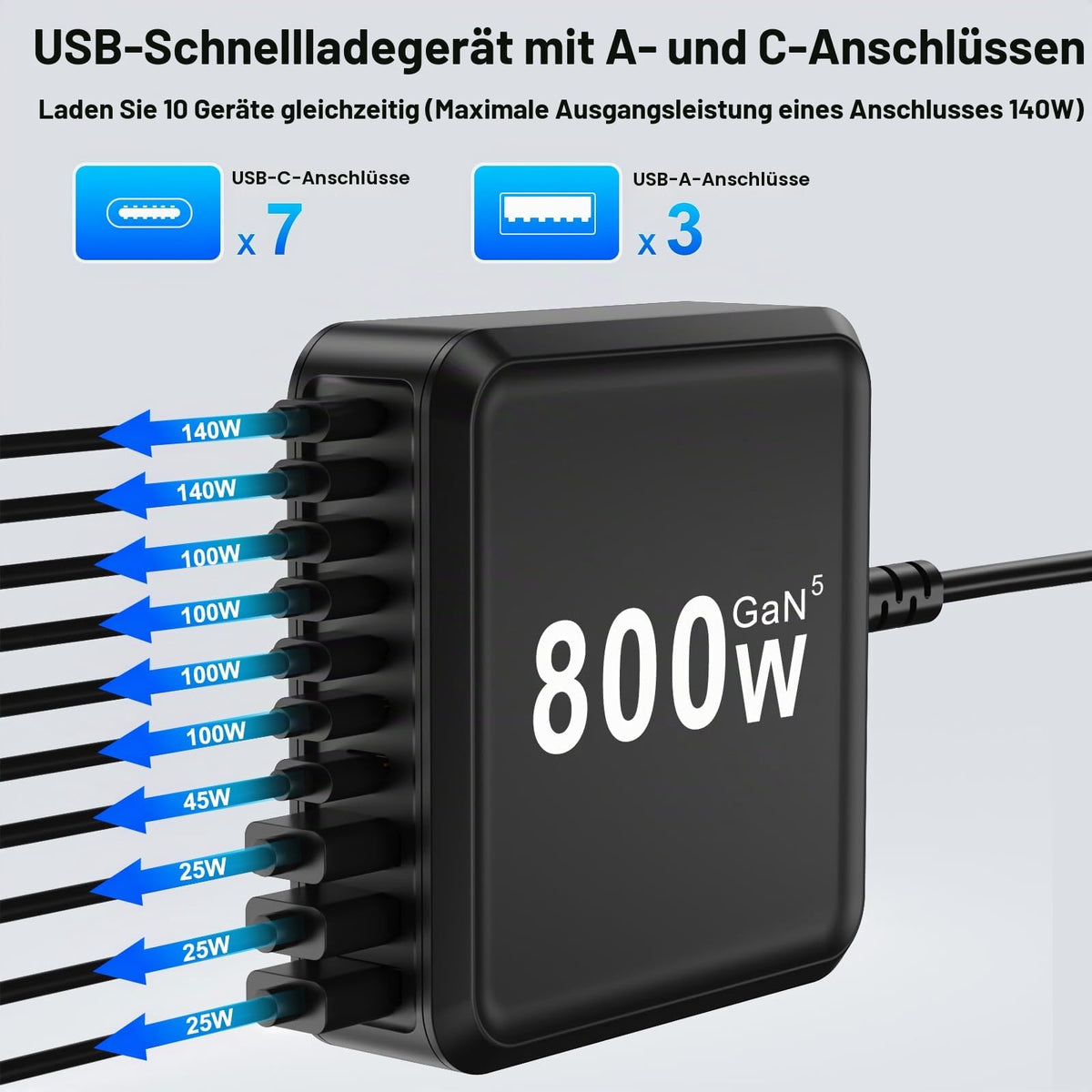 400W USB C Ladegerät Mehrfach, GaN IV 8 Ports USB Ladegerät Mehrfach, 400W 8-Port Schnellladegerät Kompatibel mit MacBook Pro/Air, iPad Pro/Air, iPhone, Android etc (Schwarz, 8 Ports)