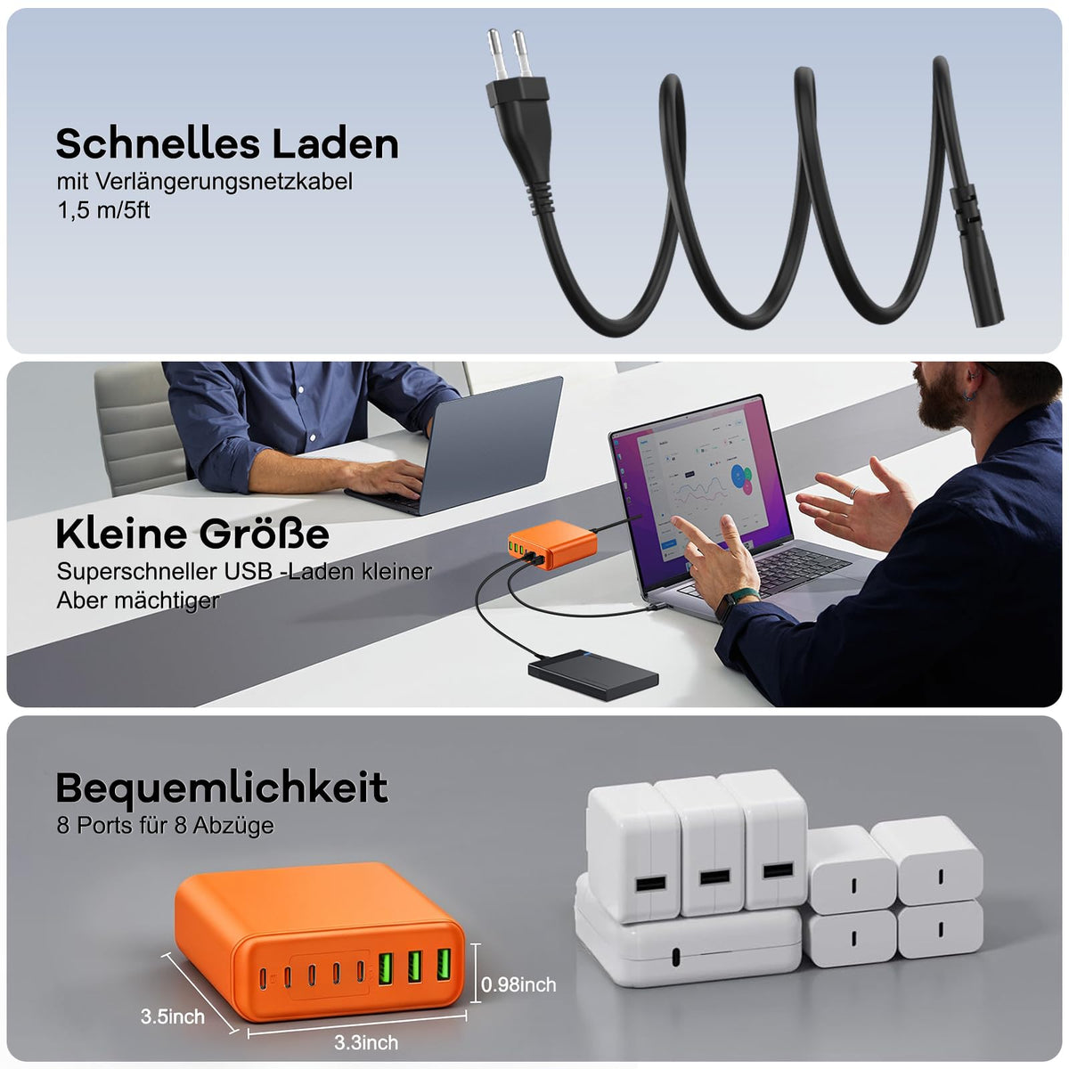 400W USB C Ladegerät Mehrfach, GaN IV 8 Ports USB Ladegerät Mehrfach, 400W 8-Port Schnellladegerät Kompatibel mit MacBook Pro/Air, iPad Pro/Air, iPhone, Android etc (Schwarz, 8 Ports)