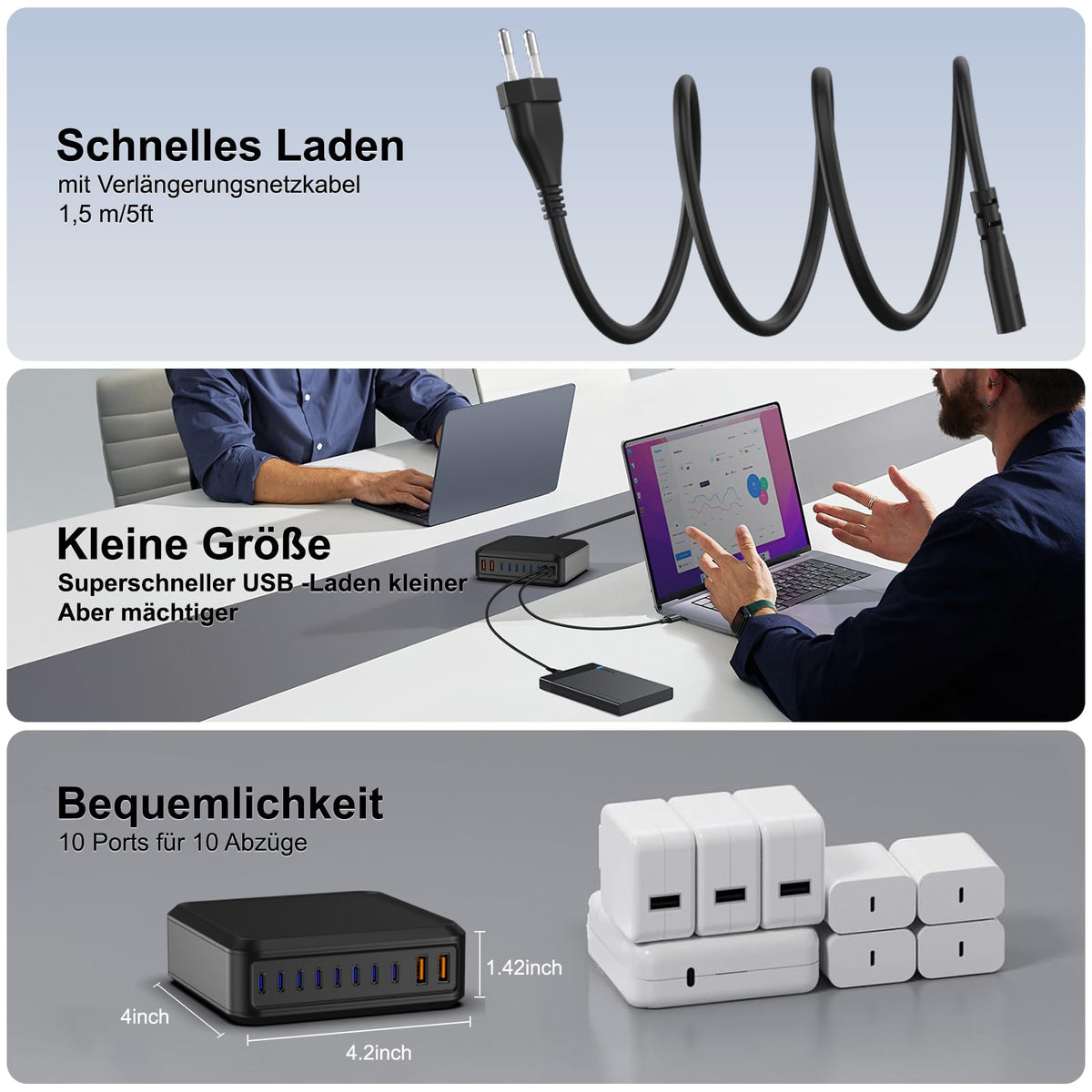 400W USB C Ladegerät Mehrfach, GaN IV 8 Ports USB Ladegerät Mehrfach, 400W 8-Port Schnellladegerät Kompatibel mit MacBook Pro/Air, iPad Pro/Air, iPhone, Android etc (Schwarz, 8 Ports)
