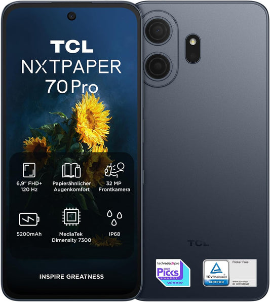 TCL NXTPAPER 70 Pro 5G Android Smartphone mit 6,9 Zoll Natürlichem Licht Display,NXTPAPER 4.0,120Hz FHD+,50MP 1.0um OIS Kamera, MuseFilm, 8GB RAM+256GB ROM, Bequemes Lesen, AI-Produktivität