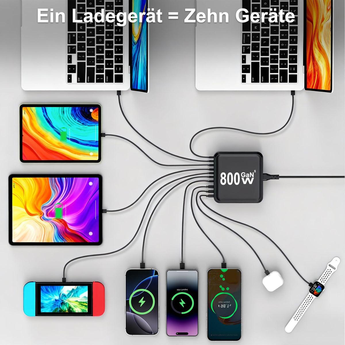 400W USB C Ladegerät Mehrfach, GaN IV 8 Ports USB Ladegerät Mehrfach, 400W 8-Port Schnellladegerät Kompatibel mit MacBook Pro/Air, iPad Pro/Air, iPhone, Android etc (Schwarz, 8 Ports)