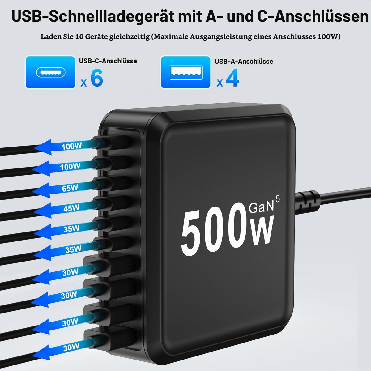 400W USB C Ladegerät Mehrfach, GaN IV 8 Ports USB Ladegerät Mehrfach, 400W 8-Port Schnellladegerät Kompatibel mit MacBook Pro/Air, iPad Pro/Air, iPhone, Android etc (Schwarz, 8 Ports)