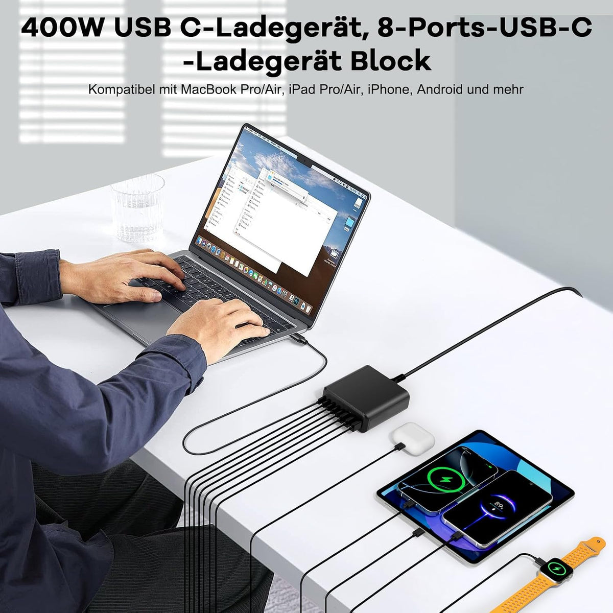 400W USB C Ladegerät Mehrfach, GaN IV 8 Ports USB Ladegerät Mehrfach, 400W 8-Port Schnellladegerät Kompatibel mit MacBook Pro/Air, iPad Pro/Air, iPhone, Android etc (Schwarz, 8 Ports)