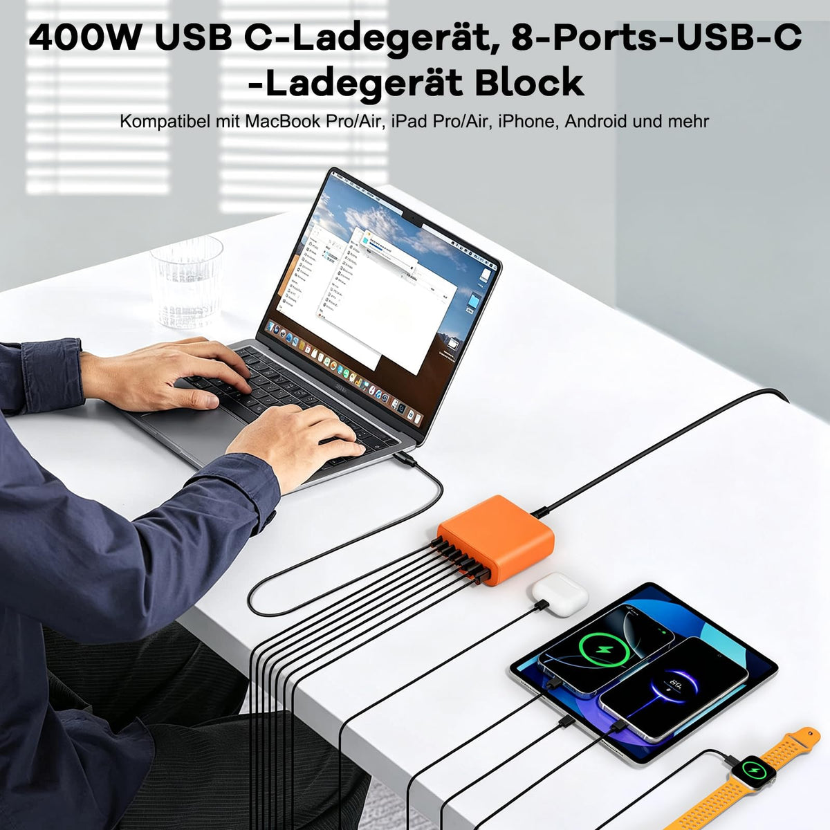 400W USB C Ladegerät Mehrfach, GaN IV 8 Ports USB Ladegerät Mehrfach, 400W 8-Port Schnellladegerät Kompatibel mit MacBook Pro/Air, iPad Pro/Air, iPhone, Android etc (Schwarz, 8 Ports)