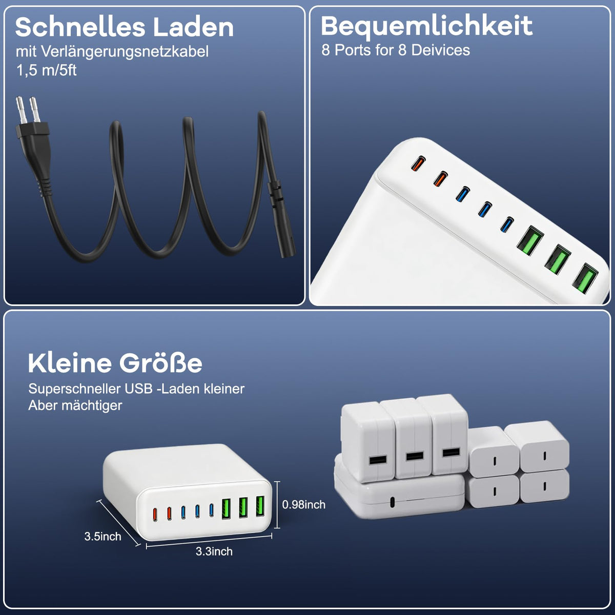400W USB C Ladegerät Mehrfach, GaN IV 8 Ports USB Ladegerät Mehrfach, 400W 8-Port Schnellladegerät Kompatibel mit MacBook Pro/Air, iPad Pro/Air, iPhone, Android etc (Schwarz, 8 Ports)