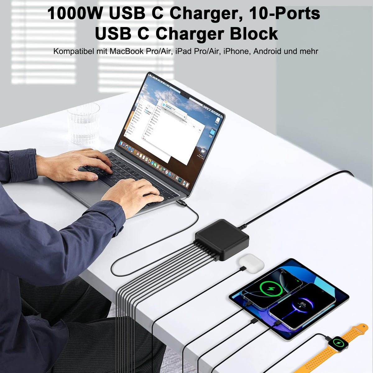 400W USB C Ladegerät Mehrfach, GaN IV 8 Ports USB Ladegerät Mehrfach, 400W 8-Port Schnellladegerät Kompatibel mit MacBook Pro/Air, iPad Pro/Air, iPhone, Android etc (Schwarz, 8 Ports)
