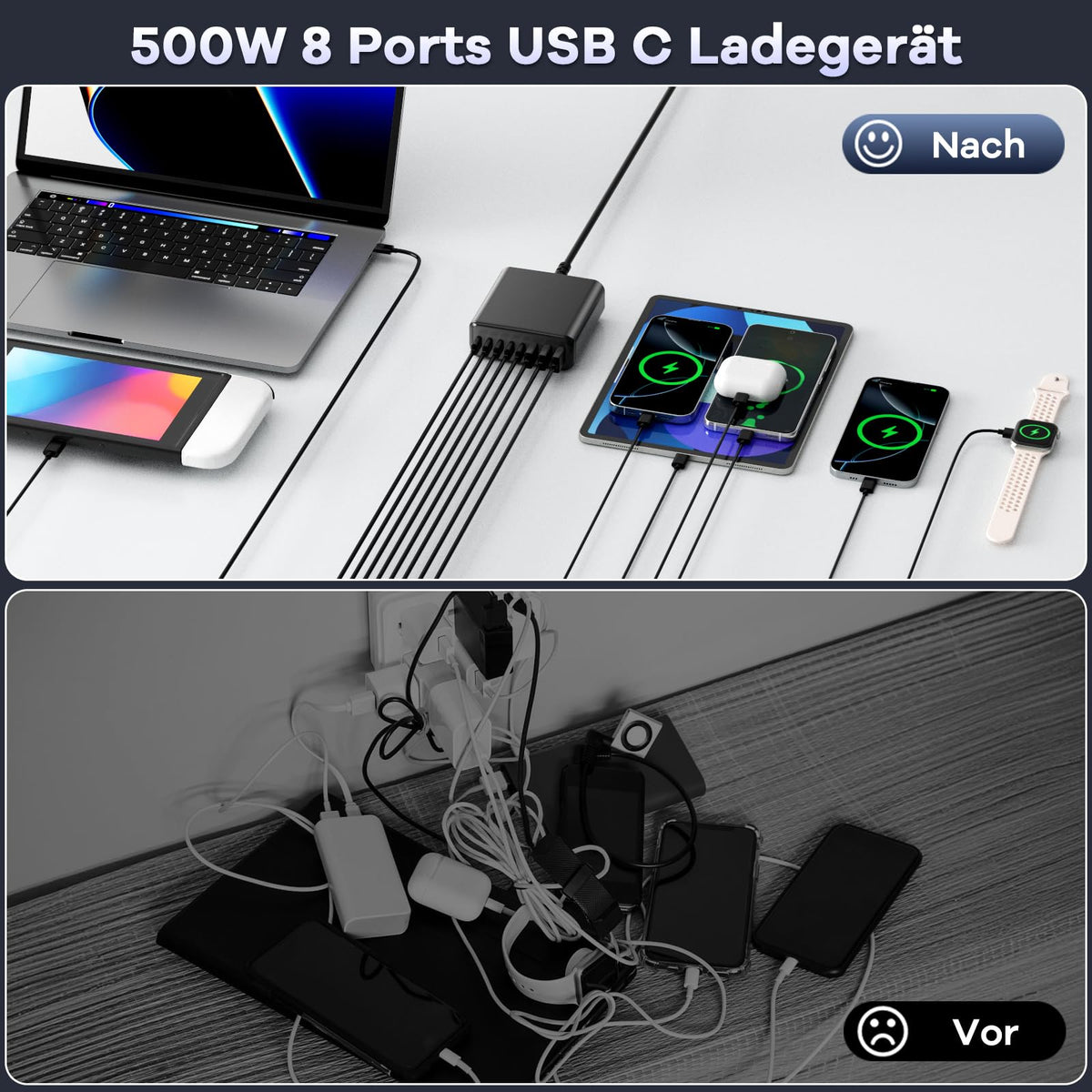 400W USB C Ladegerät Mehrfach, GaN IV 8 Ports USB Ladegerät Mehrfach, 400W 8-Port Schnellladegerät Kompatibel mit MacBook Pro/Air, iPad Pro/Air, iPhone, Android etc (Schwarz, 8 Ports)