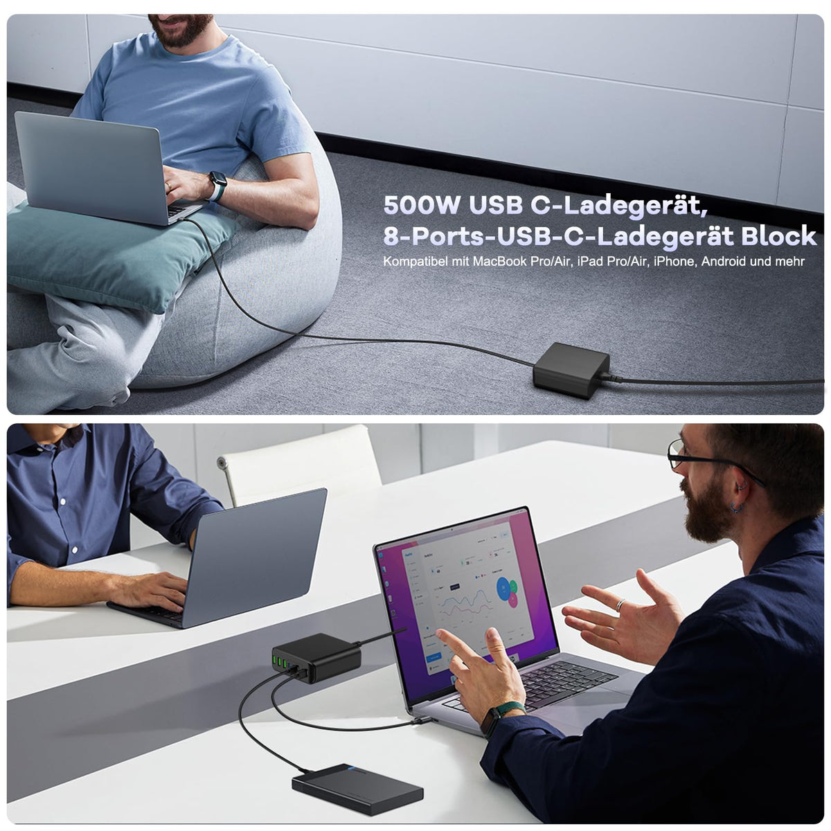 400W USB C Ladegerät Mehrfach, GaN IV 8 Ports USB Ladegerät Mehrfach, 400W 8-Port Schnellladegerät Kompatibel mit MacBook Pro/Air, iPad Pro/Air, iPhone, Android etc (Schwarz, 8 Ports)