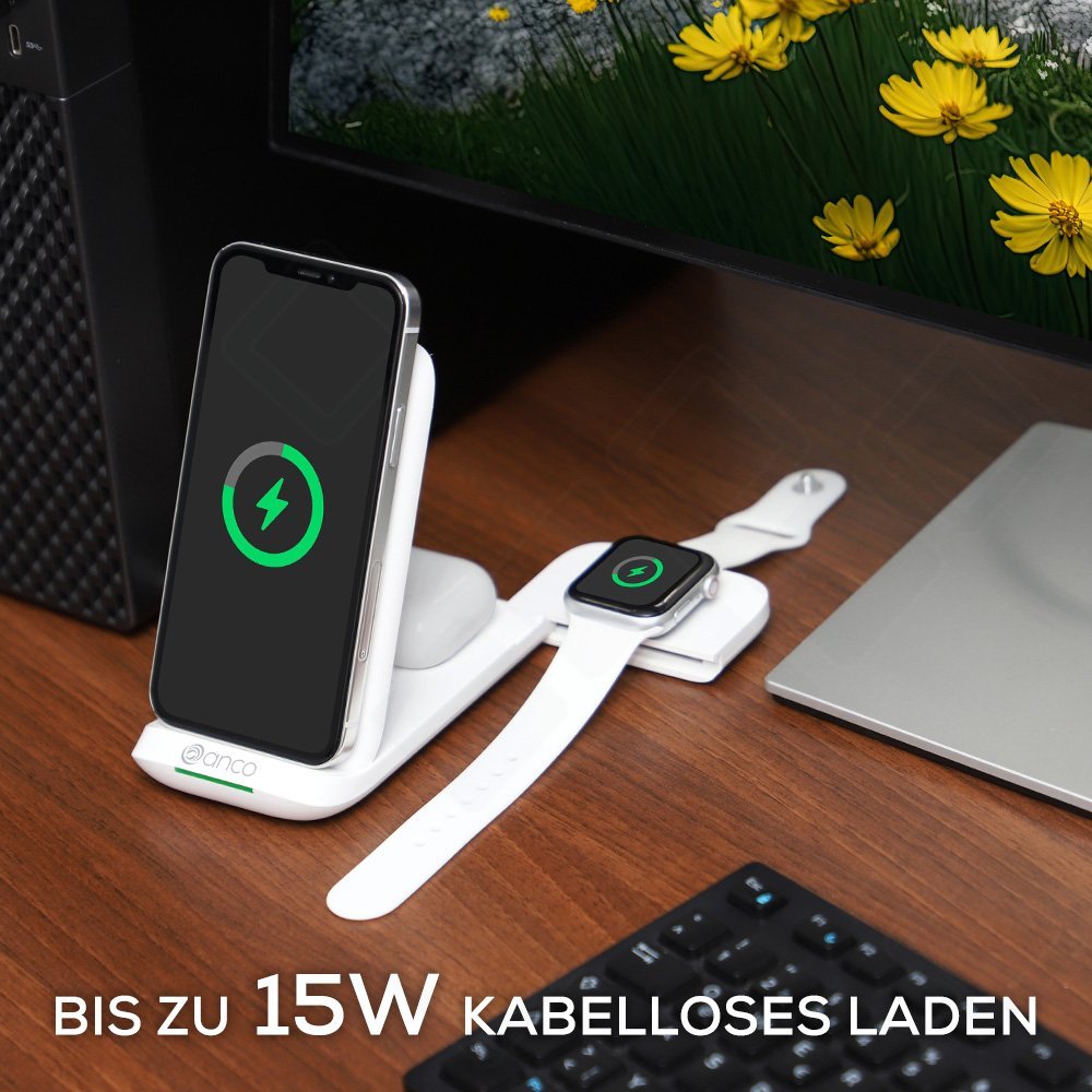 anco 3in1 Wireless Charger 15W – Ladestation für Smartphone, Watch & Kopfhörer