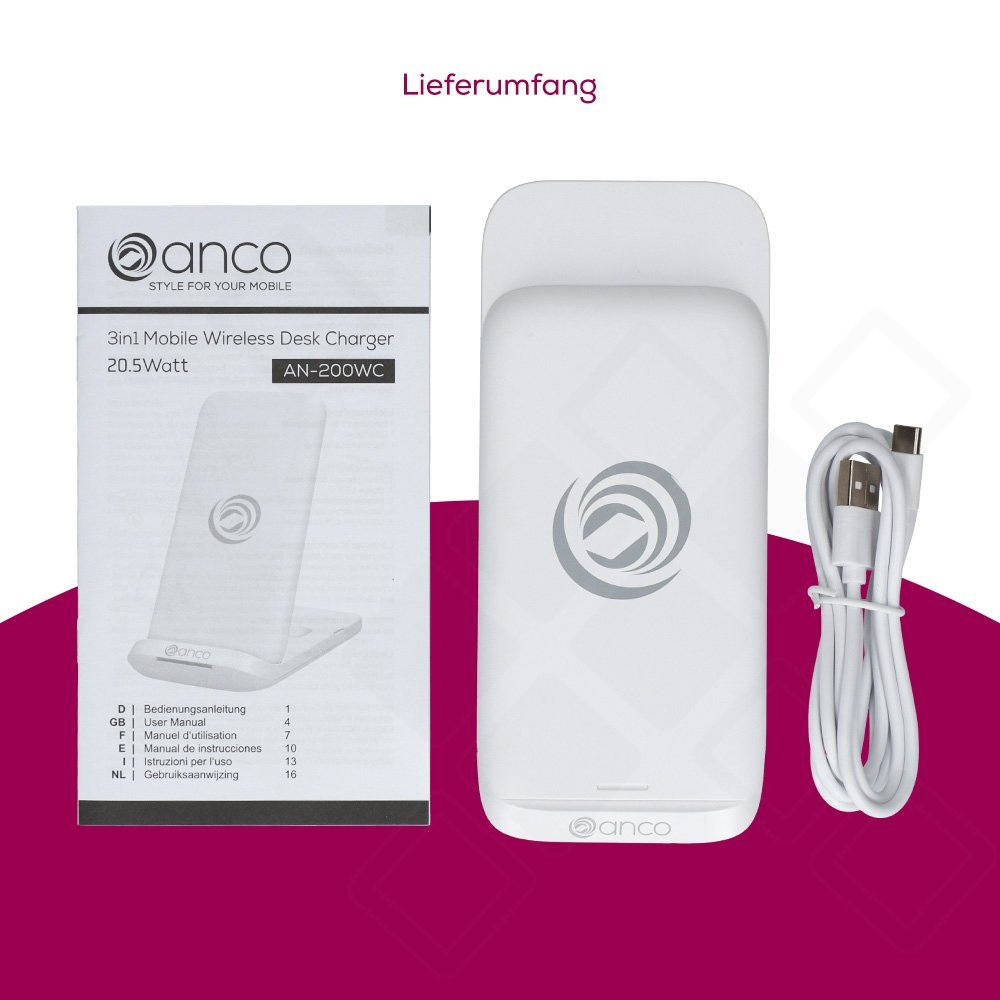 anco 3in1 Wireless Charger 15W – Ladestation für Smartphone, Watch & Kopfhörer