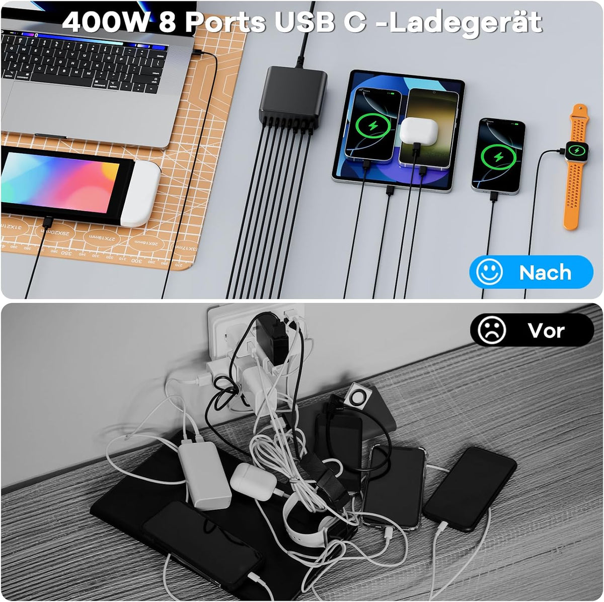 400W USB C Ladegerät Mehrfach, GaN IV 8 Ports USB Ladegerät Mehrfach, 400W 8-Port Schnellladegerät Kompatibel mit MacBook Pro/Air, iPad Pro/Air, iPhone, Android etc (Schwarz, 8 Ports)