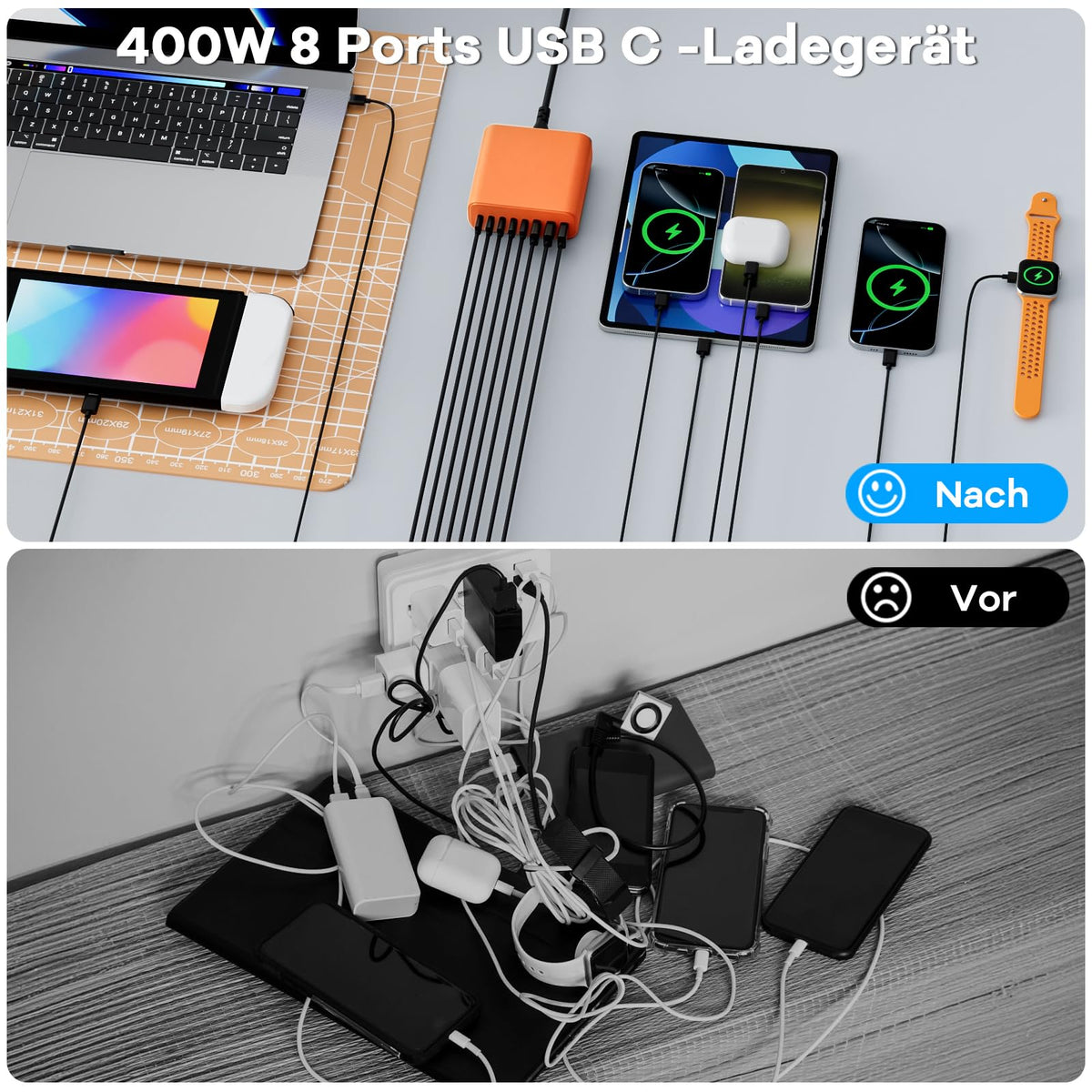 400W USB C Ladegerät Mehrfach, GaN IV 8 Ports USB Ladegerät Mehrfach, 400W 8-Port Schnellladegerät Kompatibel mit MacBook Pro/Air, iPad Pro/Air, iPhone, Android etc (Schwarz, 8 Ports)