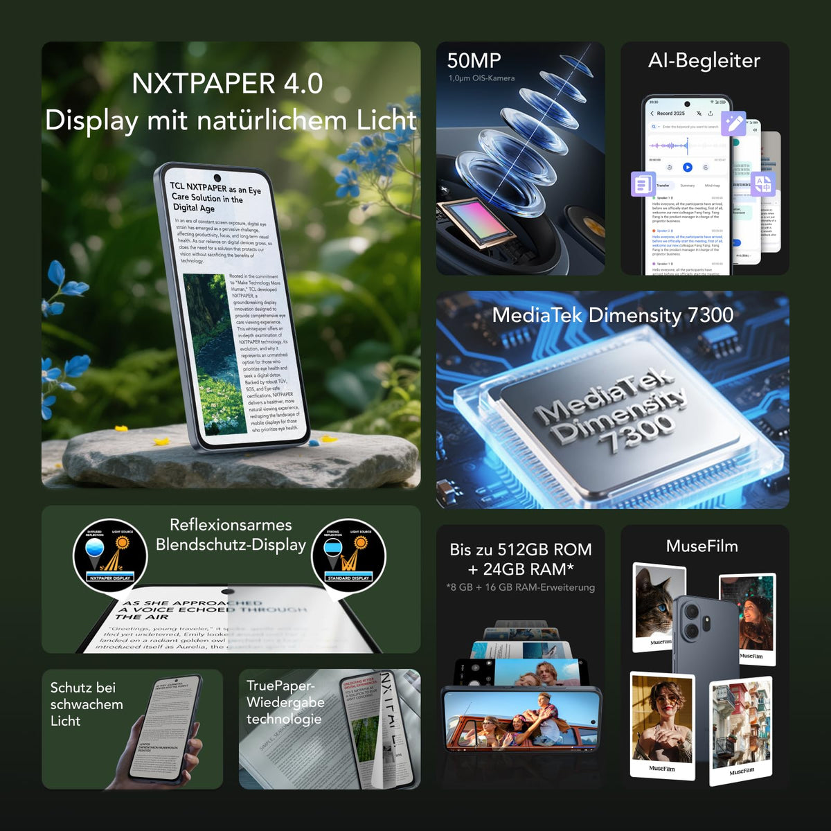 TCL NXTPAPER 70 Pro 5G Android Smartphone mit 6,9 Zoll Natürlichem Licht Display,NXTPAPER 4.0,120Hz FHD+,50MP 1.0um OIS Kamera, MuseFilm, 8GB RAM+256GB ROM, Bequemes Lesen, AI-Produktivität