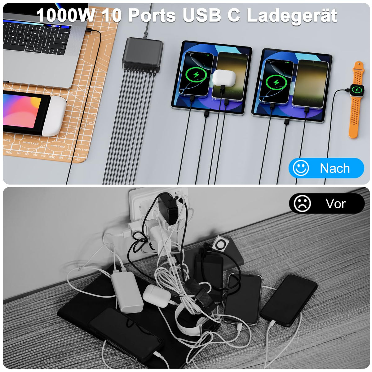 400W USB C Ladegerät Mehrfach, GaN IV 8 Ports USB Ladegerät Mehrfach, 400W 8-Port Schnellladegerät Kompatibel mit MacBook Pro/Air, iPad Pro/Air, iPhone, Android etc (Schwarz, 8 Ports)