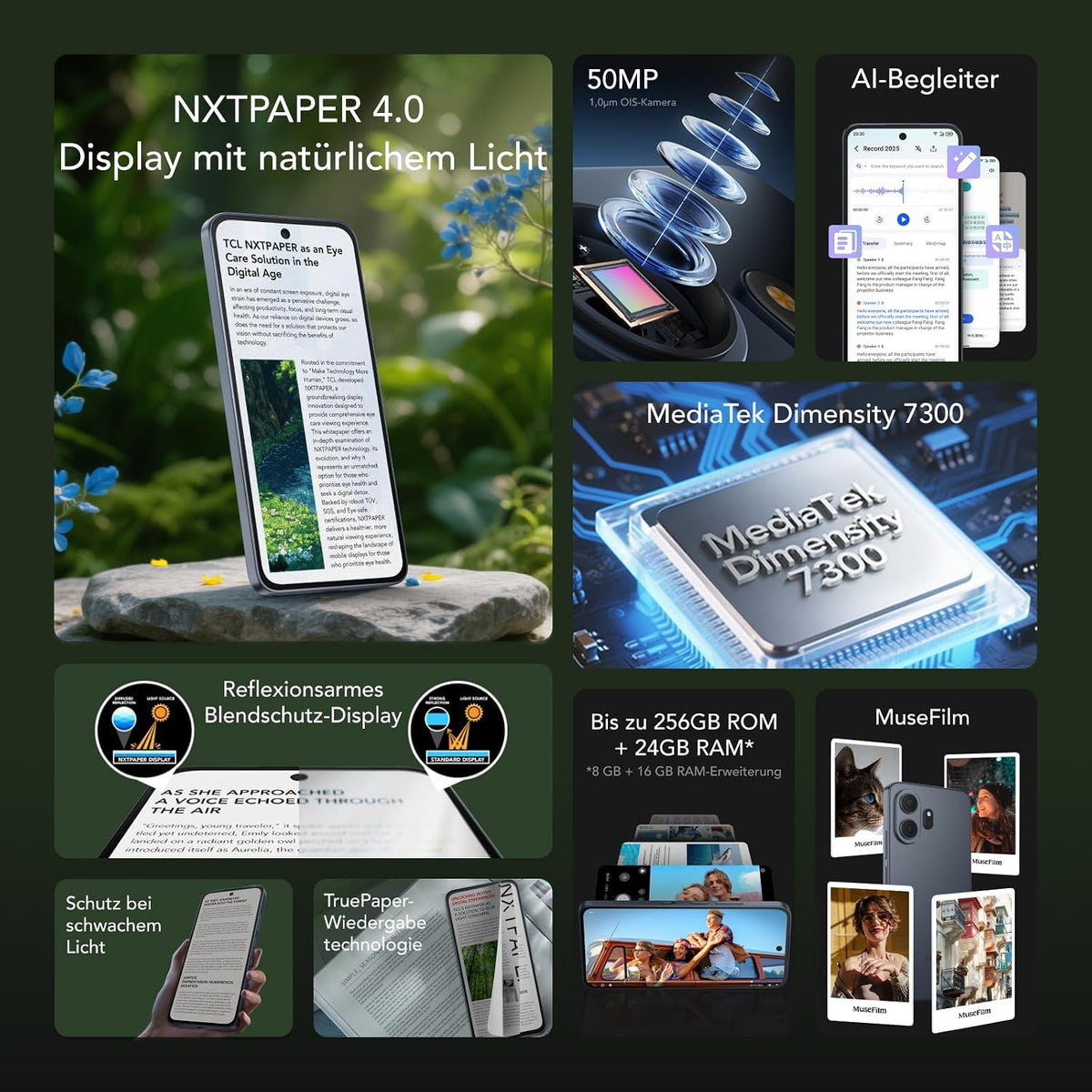 TCL NXTPAPER 70 Pro 5G Android Smartphone mit 6,9 Zoll Natürlichem Licht Display,NXTPAPER 4.0,120Hz FHD+,50MP 1.0um OIS Kamera, MuseFilm, 8GB RAM+256GB ROM, Bequemes Lesen, AI-Produktivität