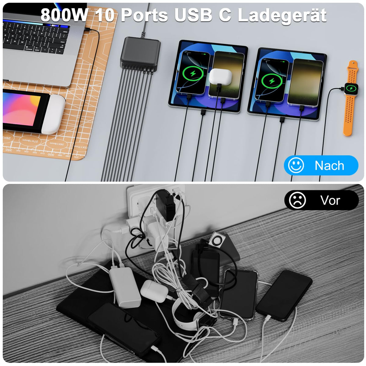 400W USB C Ladegerät Mehrfach, GaN IV 8 Ports USB Ladegerät Mehrfach, 400W 8-Port Schnellladegerät Kompatibel mit MacBook Pro/Air, iPad Pro/Air, iPhone, Android etc (Schwarz, 8 Ports)