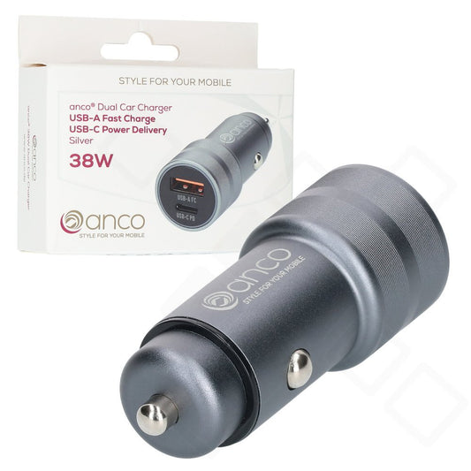 anco Dual Car Charger 38W – USB-A & USB-C KFZ Ladegerät Silber