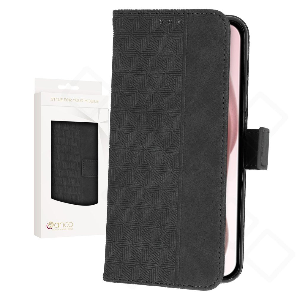 iPhone 15 Hülle Bookcase – anco Geometric | PU-Leder, Kartenfach, Schwarz & Blau