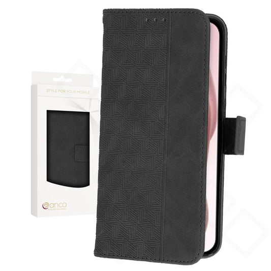 iPhone 15 Hülle Bookcase – anco Geometric | PU-Leder, Kartenfach, Schwarz & Blau