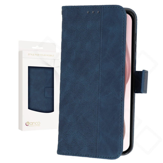 iPhone 15 Hülle Bookcase – anco Geometric | PU-Leder, Kartenfach, Schwarz & Blau
