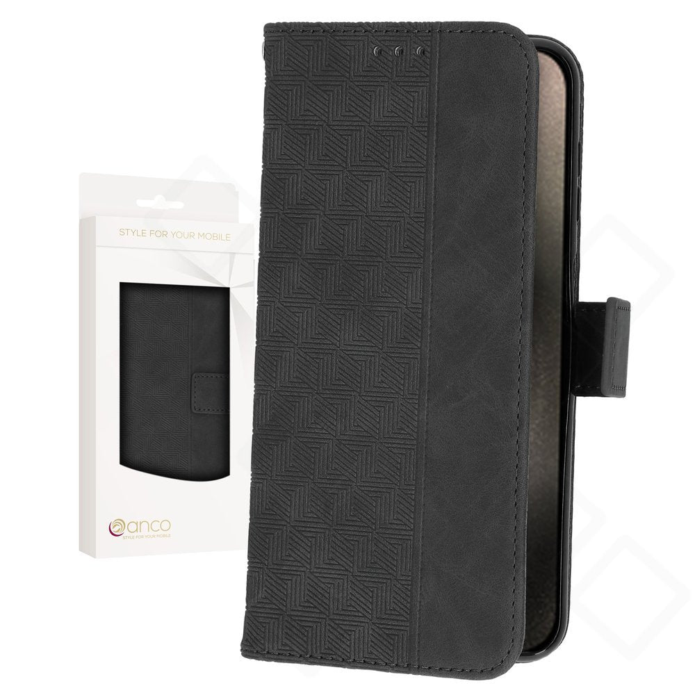 anco Bookcase Geometric Hülle für Apple iPhone 15 Pro Wallet Case mit Kartenfach Schwarz