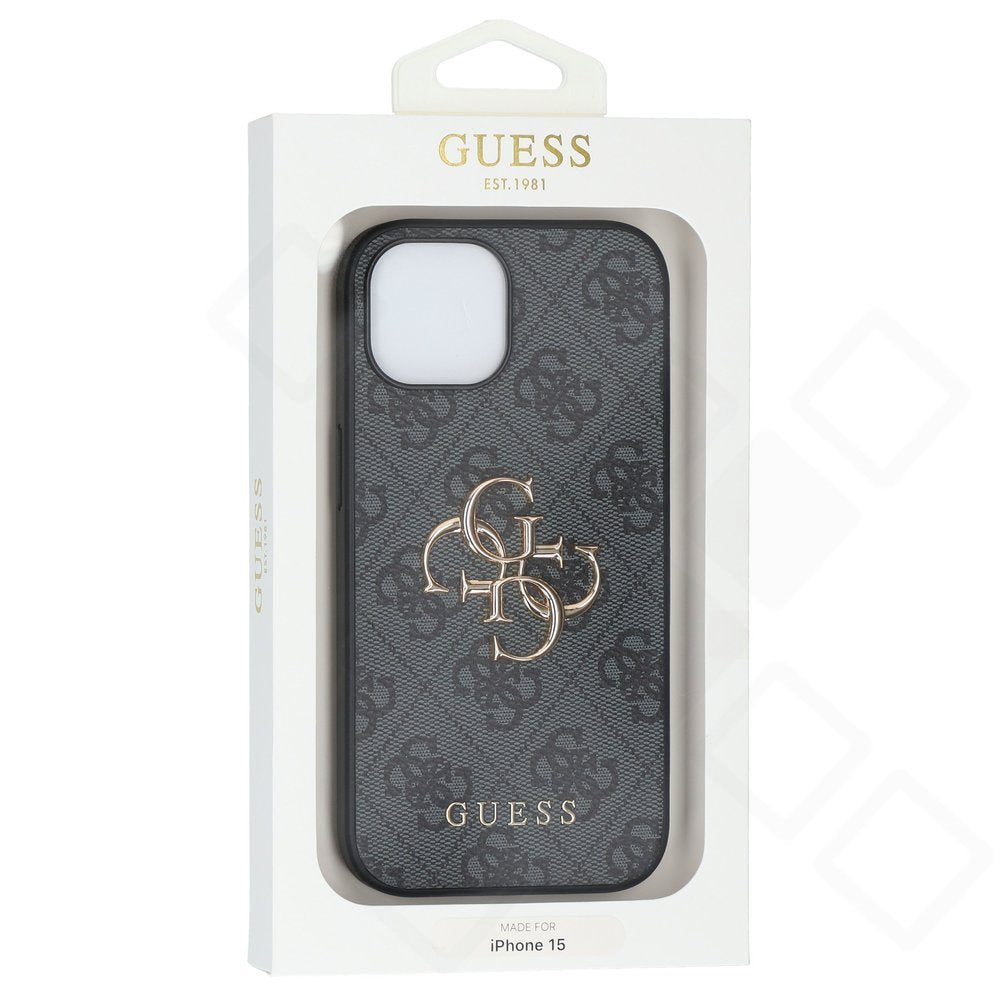 iPhone 13 / 14 / 15 Hülle | Guess 4G Metal Logo Case PU-Leder Grau & Braun
