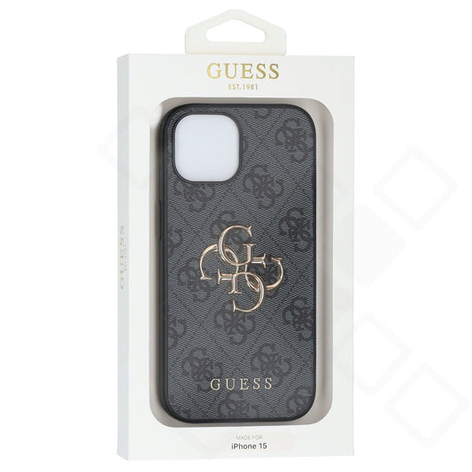 iPhone 13 / 14 / 15 Hülle | Guess 4G Metal Logo Case PU-Leder Grau & Braun