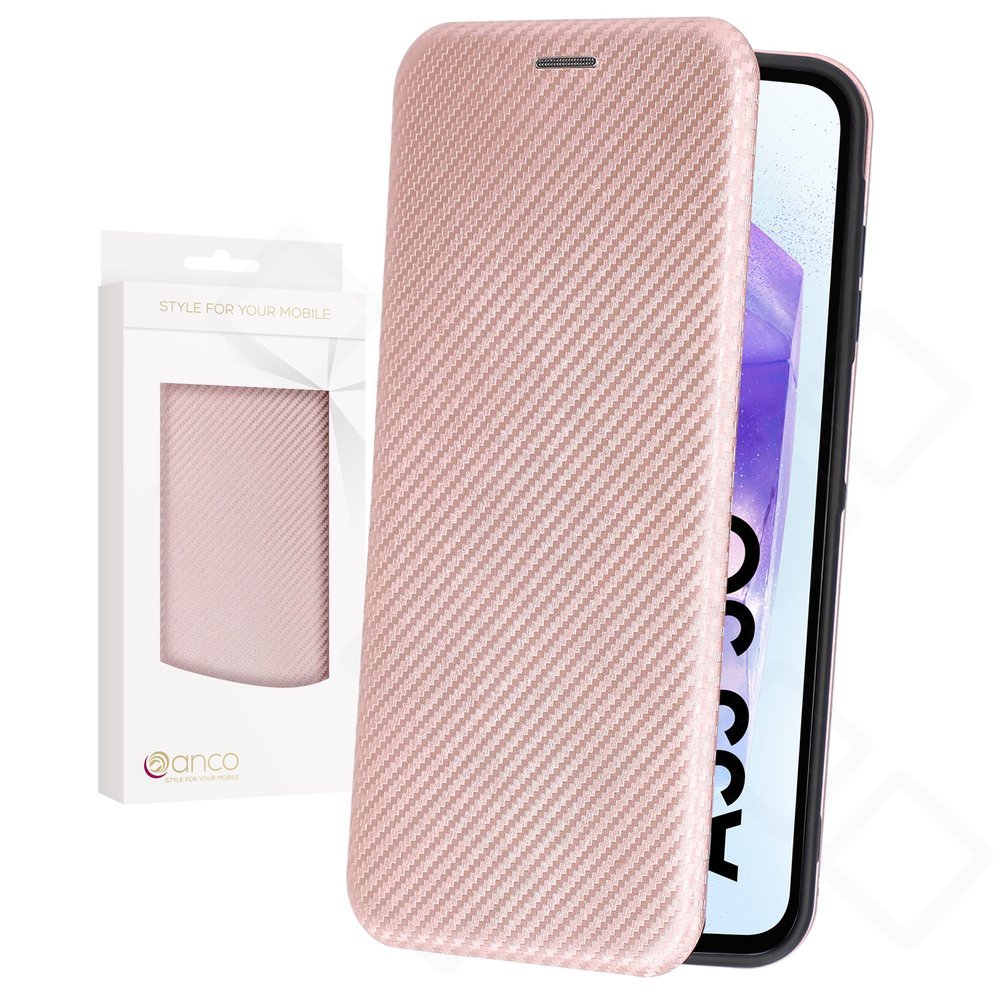 Samsung Galaxy A55 5G Hülle Leder Rosé – Bookcase Carbon Optic mit Kartenfach