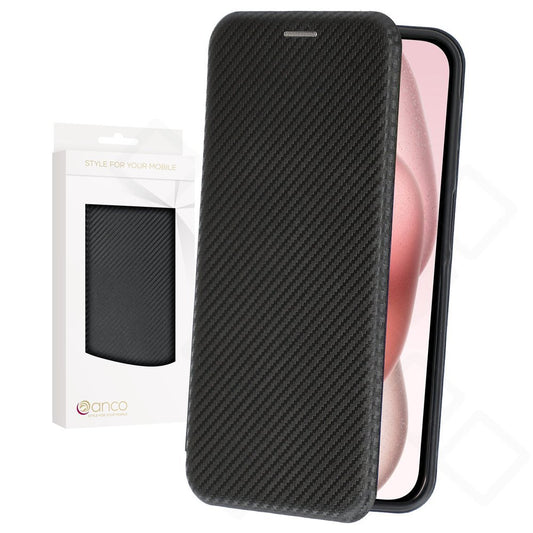 anco Bookcase Carbon Optic iPhone 15 – PU-Leder Wallet Kartenfach