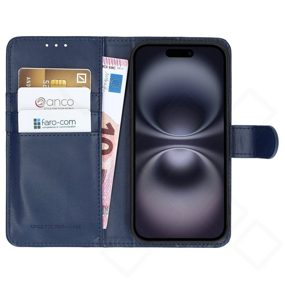 anco Basic Bookcase für iPhone 16 – blaue Hülle mit Karten- und Geldscheinfach