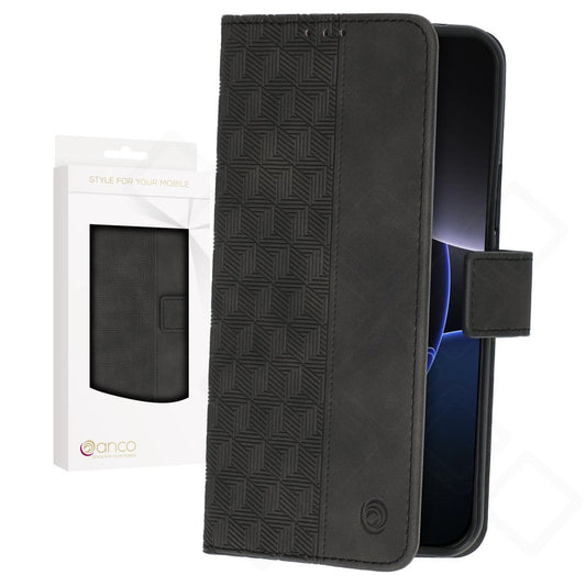 anco Bookcase Geometric für iPhone 16 Pro – Schwarze Hülle mit Kartenfach