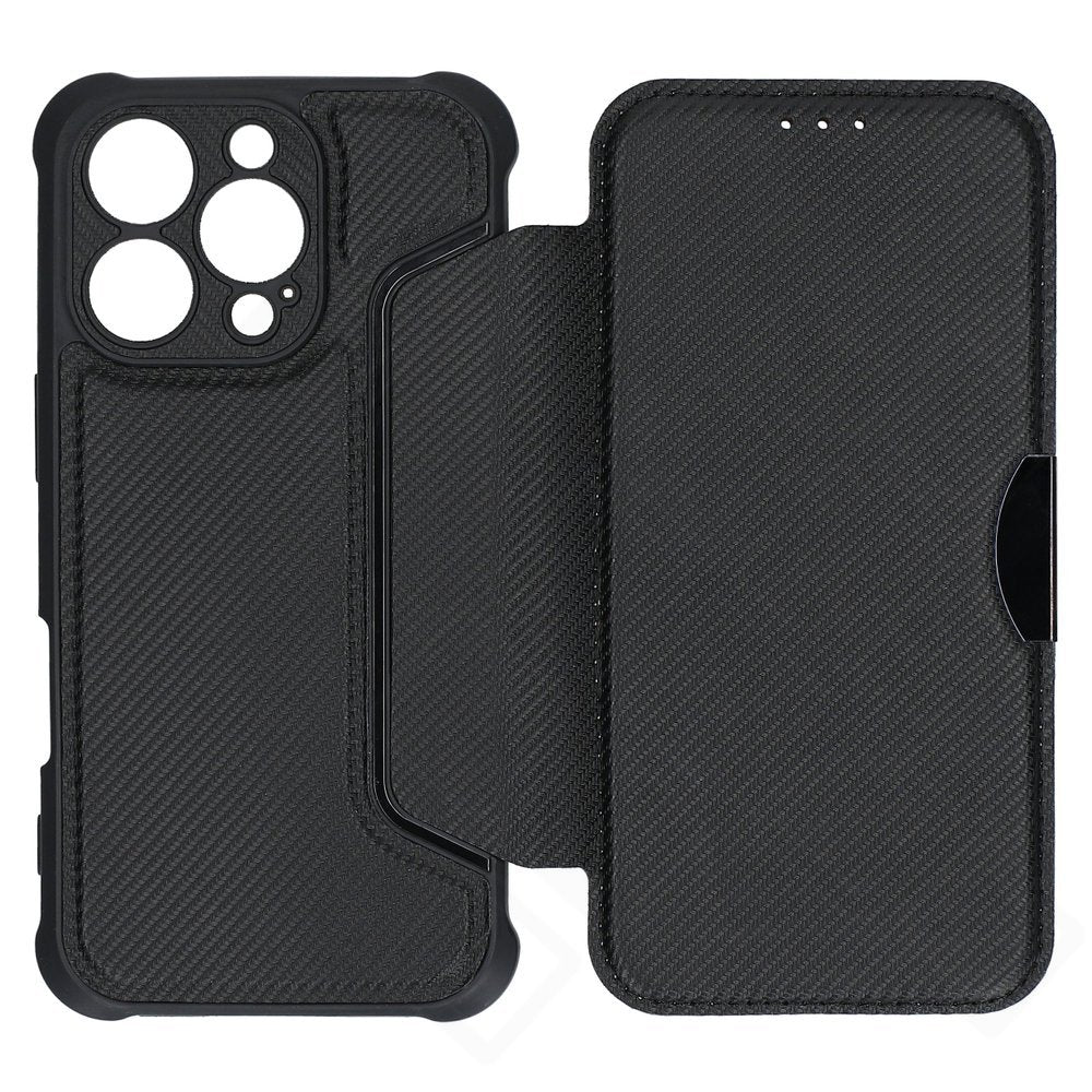 anco Bookcase Carbon Look für iPhone 16 Pro – Hülle mit Kartenfach