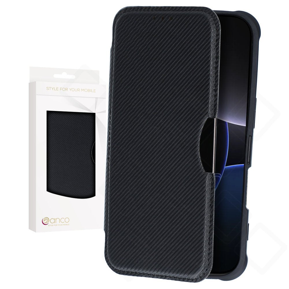 anco Bookcase Carbon Look für iPhone 16 Pro – Hülle mit Kartenfach