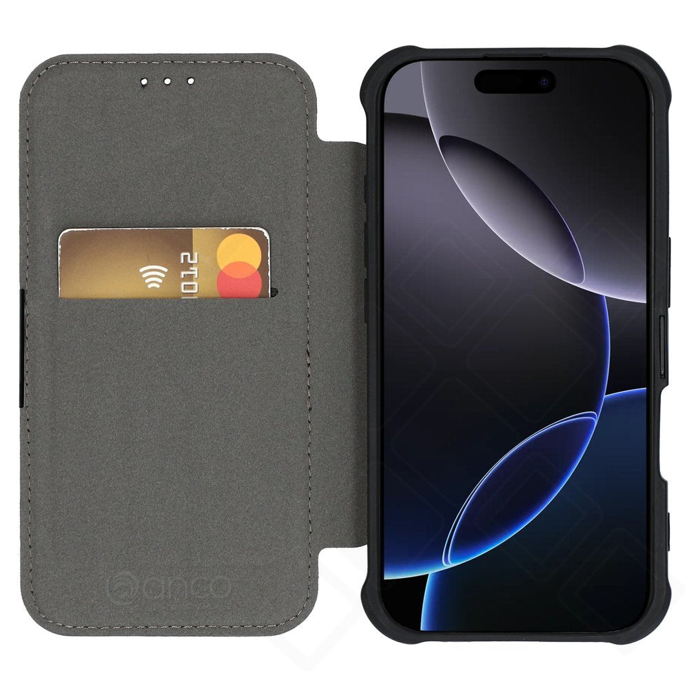 anco Bookcase Carbon Look für iPhone 16 Pro – Hülle mit Kartenfach