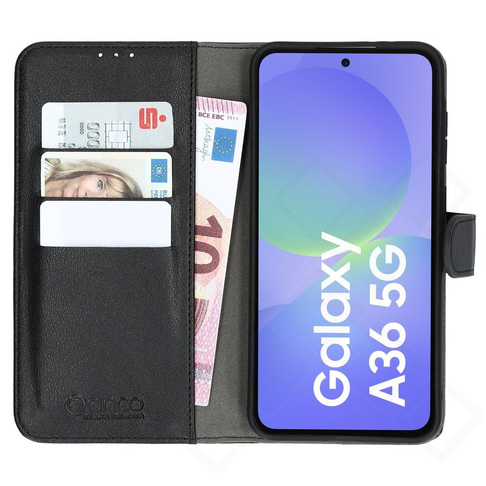 anco Basic Bookcase für Samsung Galaxy A36 5G – Klapphülle aus PU-Leder mit Kartenfach – Schwarz