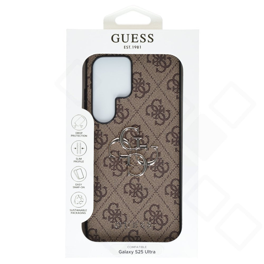 Guess PU 4G Metal Logo Case – Premium Kunstleder-Schutzhülle mit legendärem 4G-Muster & Metal Logo für Samsung Galaxy S25 Ultra (S938B) – Braun (Brown)