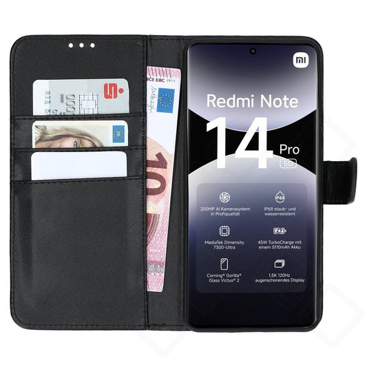 anco Basic Bookcase für Xiaomi Redmi Note 14 Pro / 14 Pro+ 5G – PU Leder Hülle mit Kartenfach – Schwarz