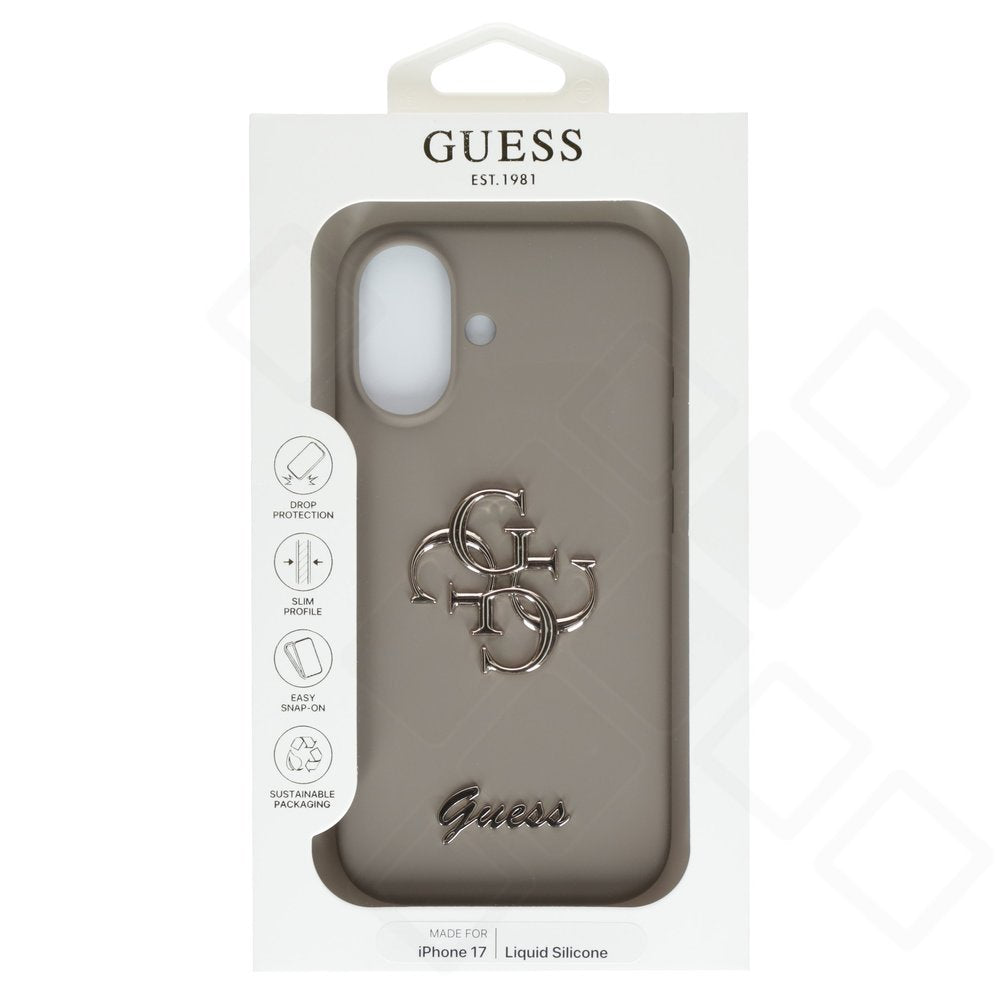 Guess 4G Silicone Script Big Metal Logo Case für Apple iPhone 17 – Braun