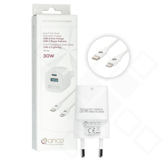 anco 30W GaN USB-C Power Delivery Ladeset mit Lightning MFI Kabel – 1m Weiß