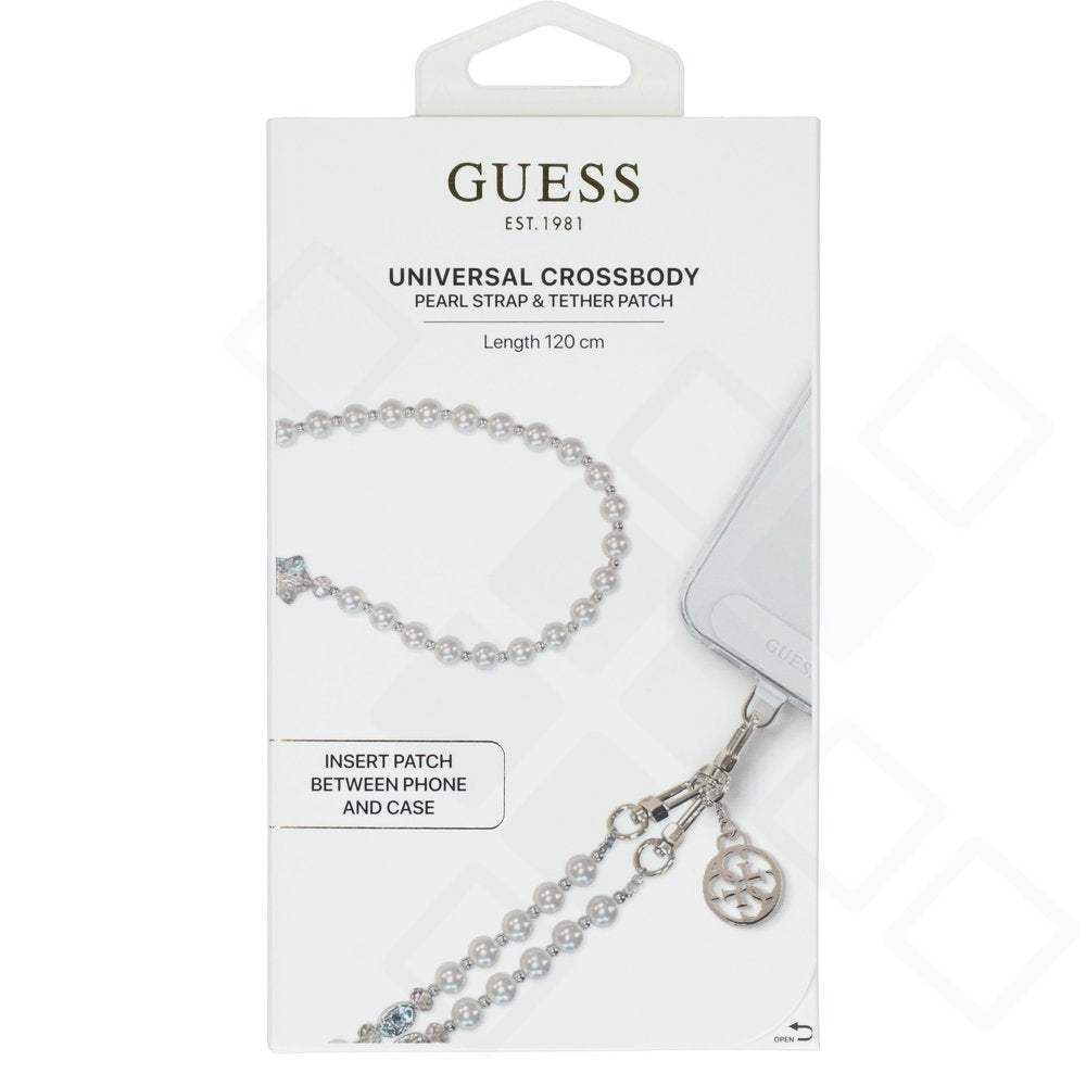Guess Crossbody Strap Pearl & 4G Charm – Elegante Perlen-Handykette (120 cm) mit Metallanhänger & Tether Patch (Weiß)